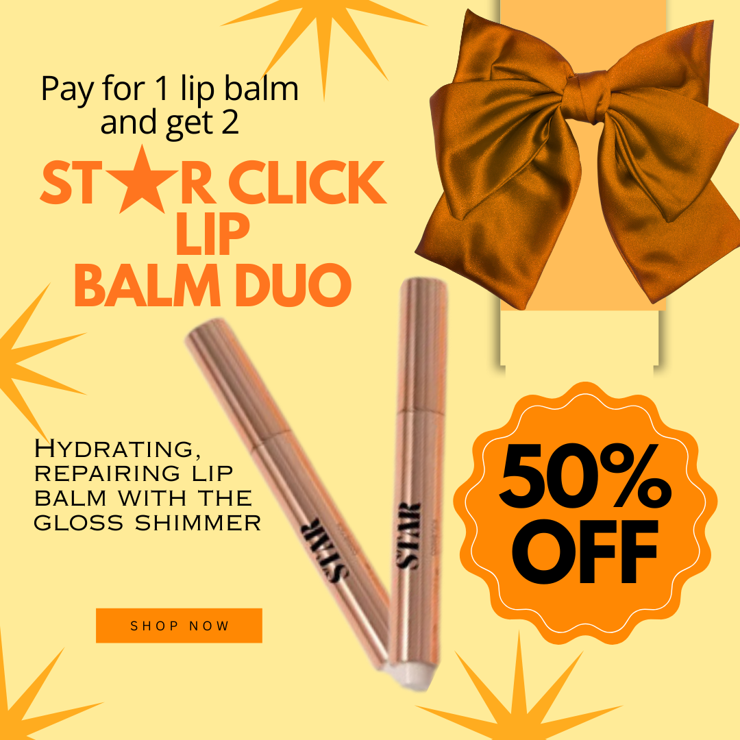 Two Star click lip balms on a yellow background with a orange bubble with "50% off" and orange bow above it, on the background is text "pay for 1 lip balm and get 2" and below it says "Star click lip balm duo" and "hydrating , repairing lip balm with the gloss shimmer" and shop now. with stars around it.
