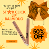 Two Star click lip balms on a yellow background with a orange bubble with "50% off" and orange bow above it, on the background is text "pay for 1 lip balm and get 2" and below it says "Star click lip balm duo" and "hydrating , repairing lip balm with the gloss shimmer" and shop now. with stars around it.