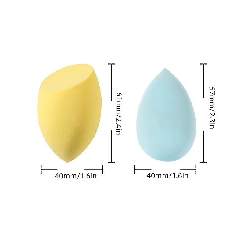 Two makeup sponges, one yellow and one blue, with measurements indicated on a white background.