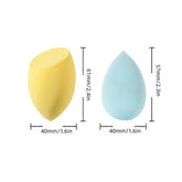 Two makeup sponges, one yellow and one blue, with measurements indicated on a white background.