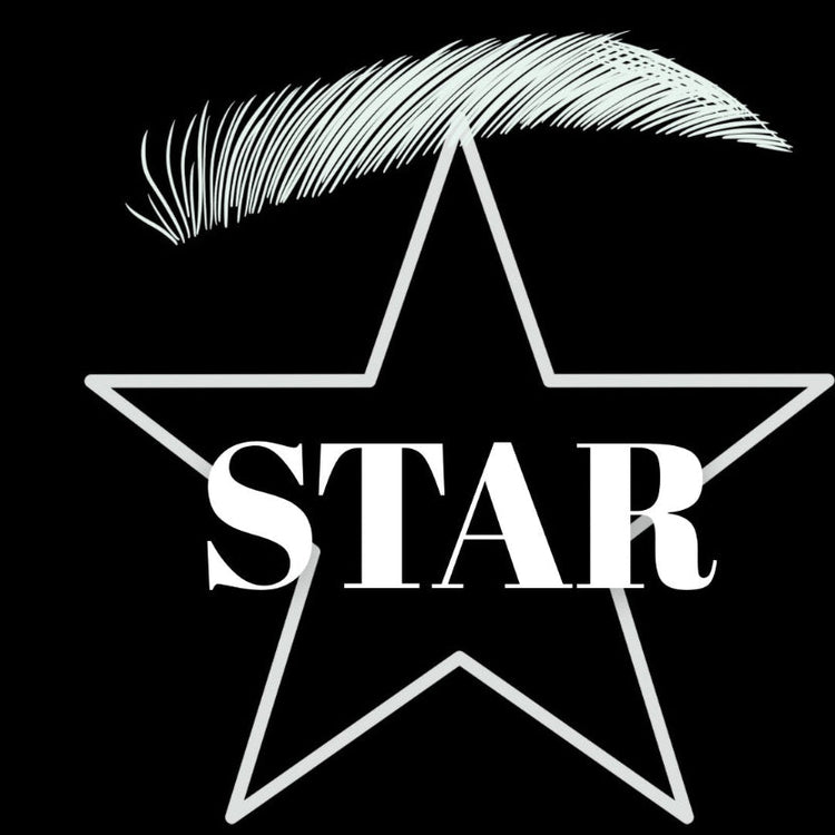 White star with 'STAR' text and with eyebrow on a black background