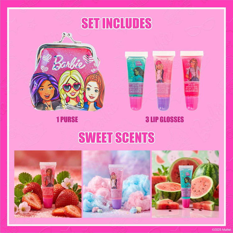 Townley Girl Barbie Plant-Based Juicy Tube 3-Piece Set with Granny Bag – Kids Cosmetics
