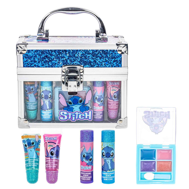 Disney Stitch Beauty Mini Train Case Set by Townley Girl | Kids Lip Gloss & Balm