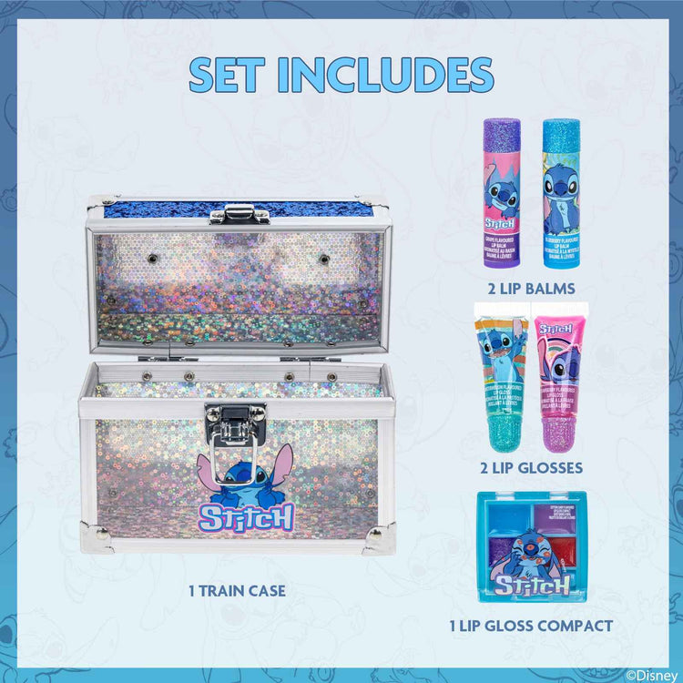 Disney Stitch Beauty Mini Train Case Set by Townley Girl | Kids Lip Gloss & Balm