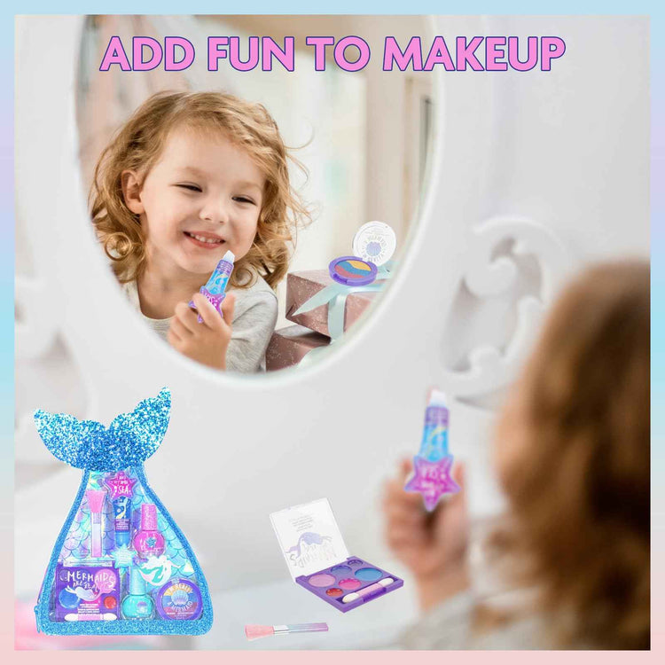 Townley Girl 8-Piece Makeup Set with Mermaid Bag — Safe, Water-Based Nail Polish & Lip Gloss for Ages 3+