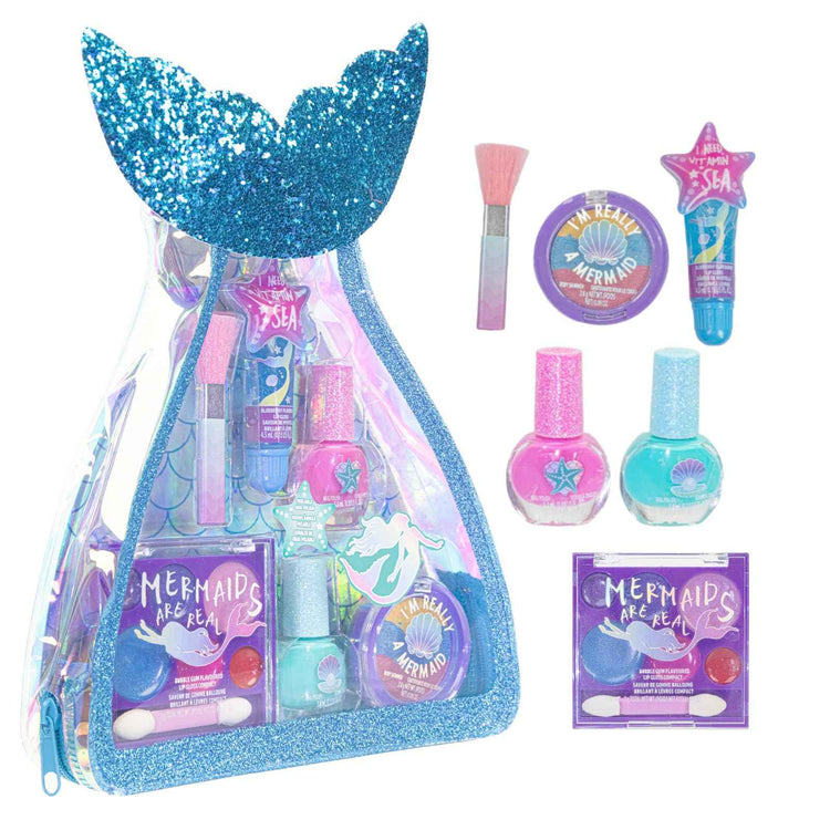 Townley Girl 8-Piece Makeup Set with Mermaid Bag — Safe, Water-Based Nail Polish & Lip Gloss for Ages 3+